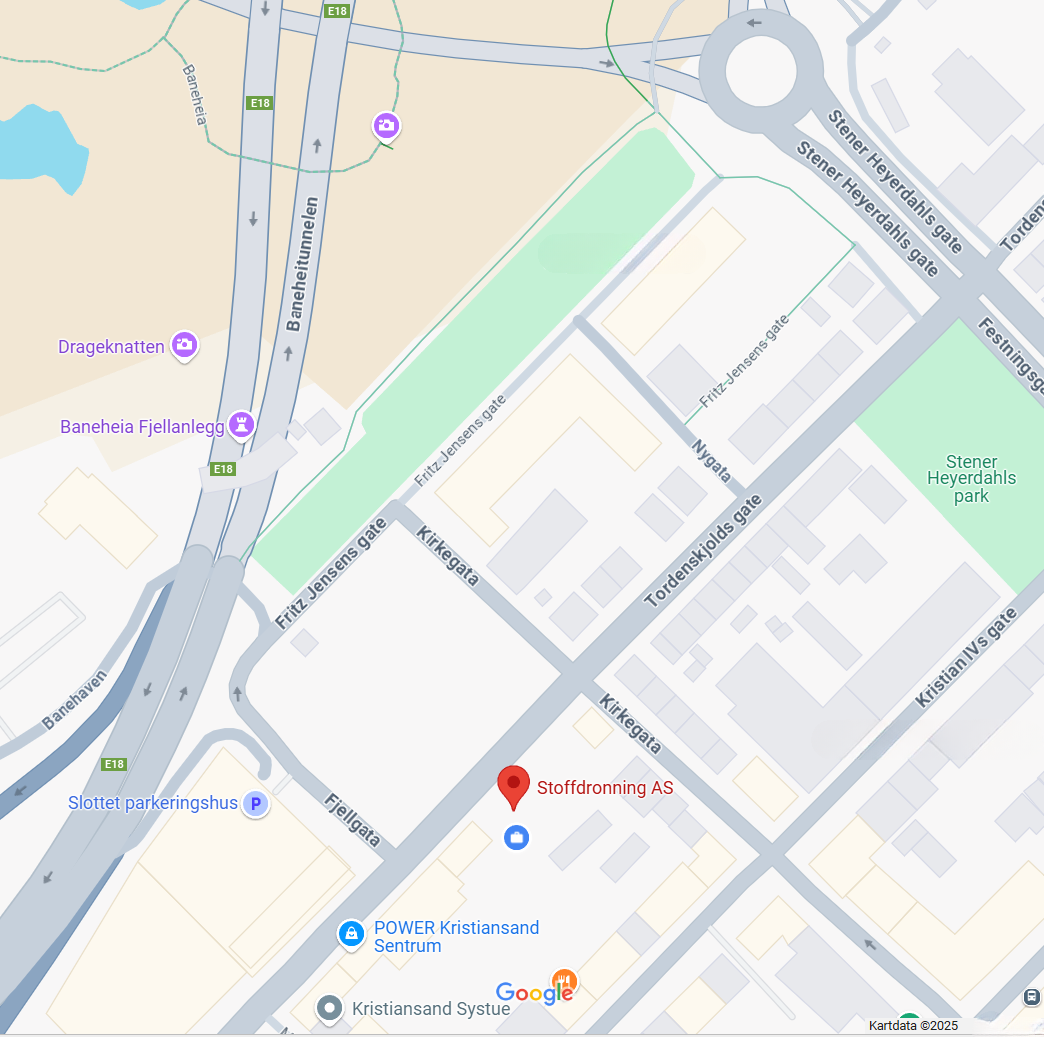 Utsnitt av Googlemaps som viser hvor vi er